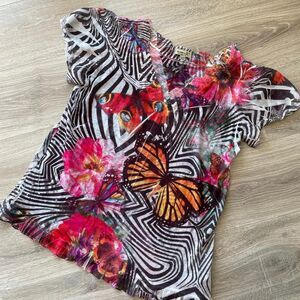 Butterfly Flower Y2K Vintage XL Blouse Art Trippy Indie Whimsy Punk Psychedelic
